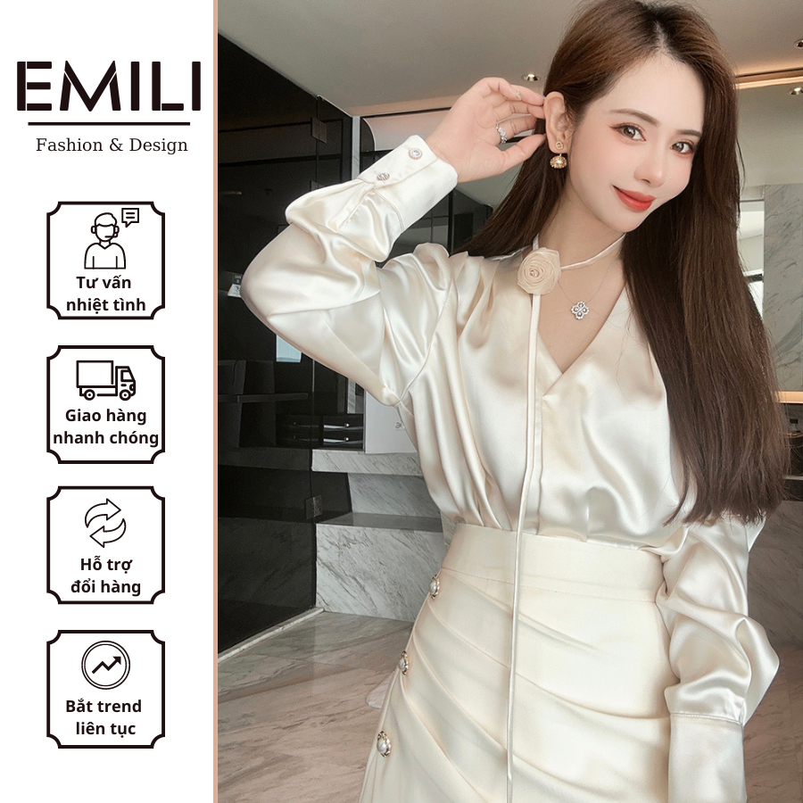 Set áo lụa cổ V mix chân váy bút chì dáng dài xẻ tà vạt chéo chất lụa ngọc trai thanh lịch Emili [S4]