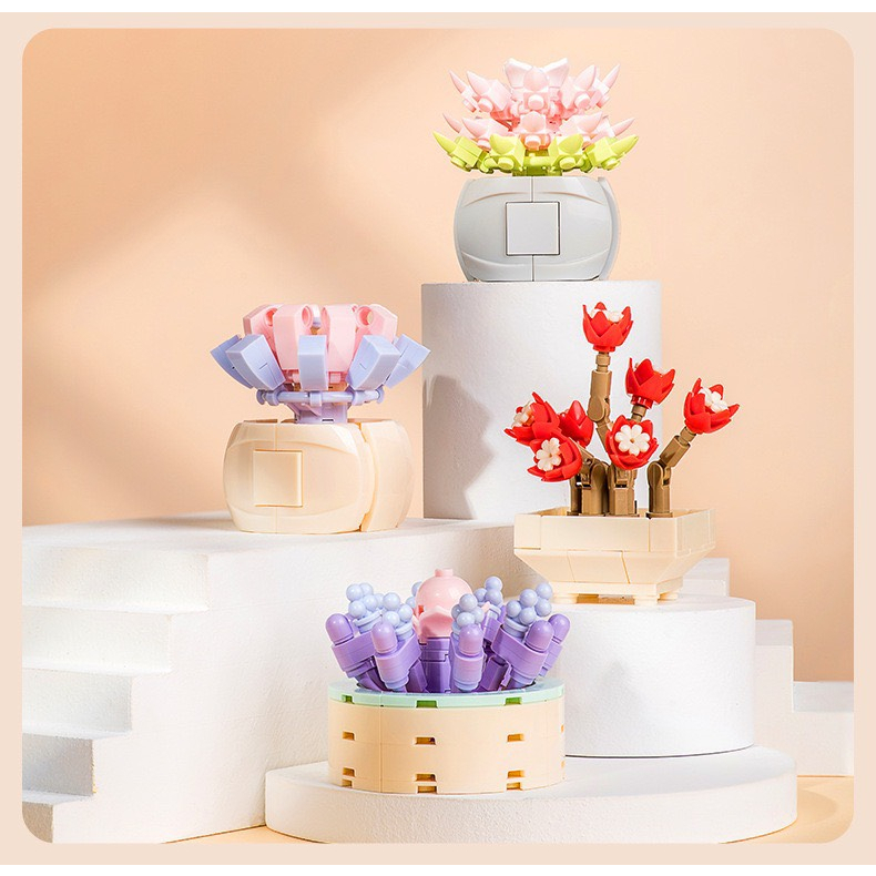Đồ chơi lắp ráp hoa, chậu hoa cây cảnh mini Jaki, đồ chơi lắp ráp thông minh, sản phẩm trang trí, quà tặng