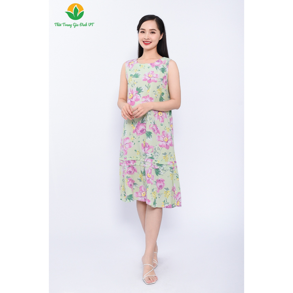 Đầm váy nữ trung niên mùa hè Việt Thắng, chất Rayon lanh hoa V02.2304