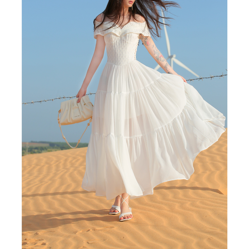 SÒ VINTAGE - JASMINE Đầm rớt vai phối lưới