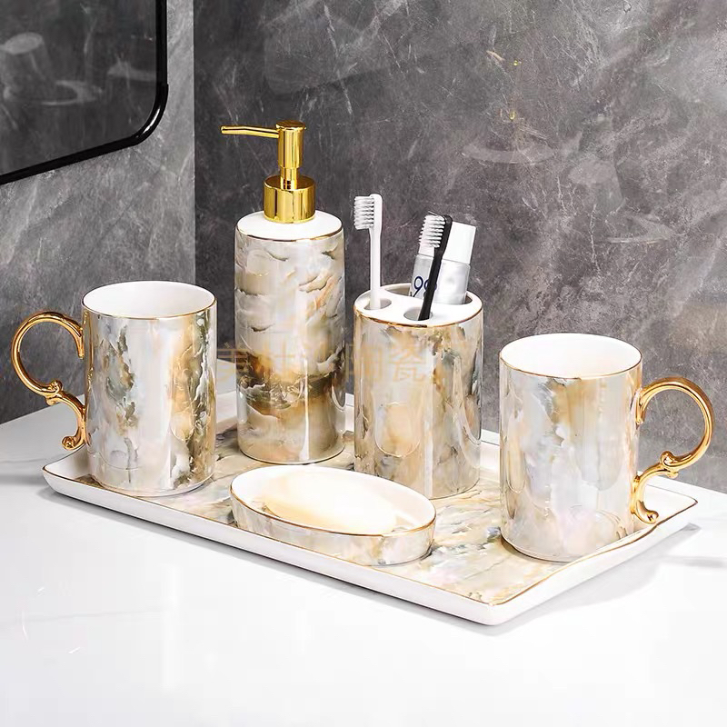 Bộ Đồ Dùng Phòng Tắm, Bộ Để Xà Phòng Tắm Gốm Sứ Vân Đá Viền Vàng Hàng Cao Cấp