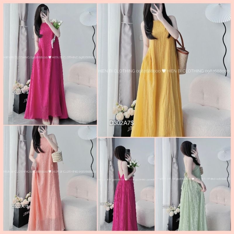 Váy Maxi Đũi Hai Dây Hở Lưng Dáng Dài Đi Biển ,Váy Cổ Yếm Suông Dài Vải Đũi 2 Lớp Có Túi Hông Bầu Bì Bon Chen -V3027