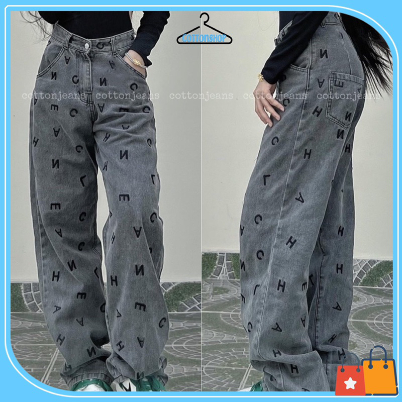(HOT) Quần jeans ống rộng cạp cao, quần jean xám khói thêu chữ cái