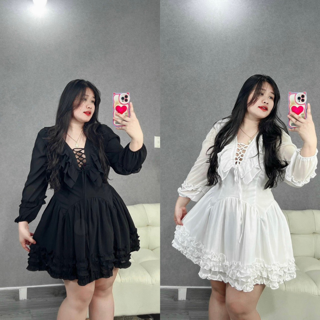 Đầm cổ V viền bèo đan dây dáng xòe đầm trắng bigsize KN từ 50 kg đến 100 kg M/L/XL/XXL Đầm bigsize tiểu thư