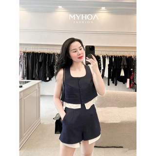 MYHOA| Set Thô Kaki Nữ Sát Nách Phối Màu Trắng Công Sở TKCC