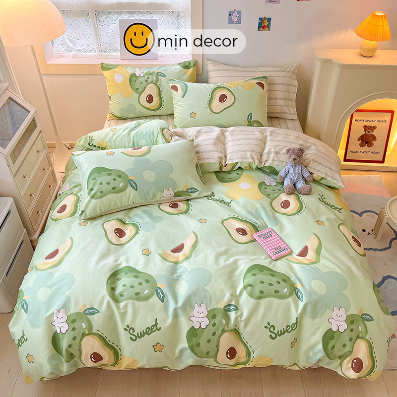 Set chăn ga gối cotton living MỊN DECOR mềm mại họa tiết dễ thương bo chun miễn phí