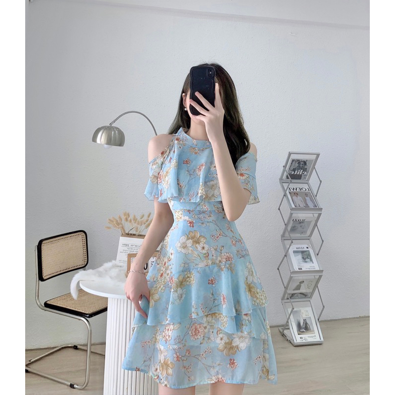 Đầm khoét vai, váy voan hoa tiểu thư sang chảnh,nổi bật, Linstore thiết kế V4