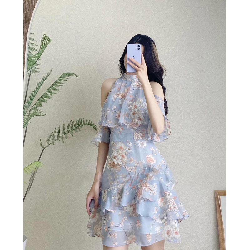 Đầm khoét vai, váy voan hoa tiểu thư sang chảnh,nổi bật, Linstore thiết kế V4