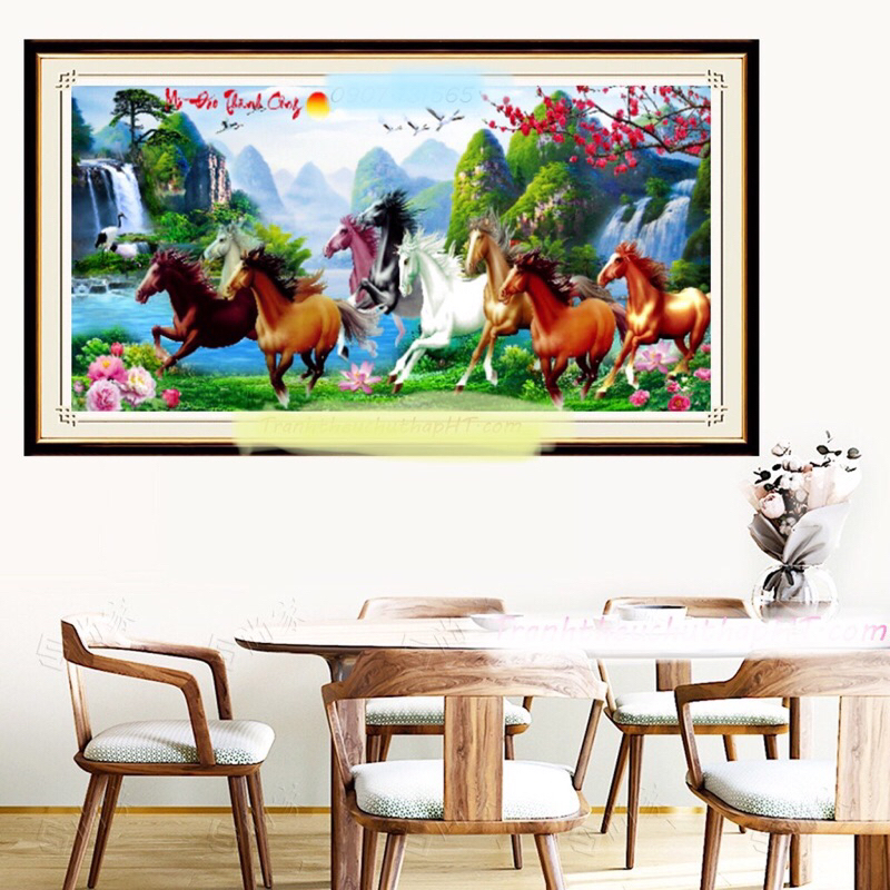 Tranh đính đá 9 con ngựa- Mã đáo thành công Lv571 kt 100x50cm