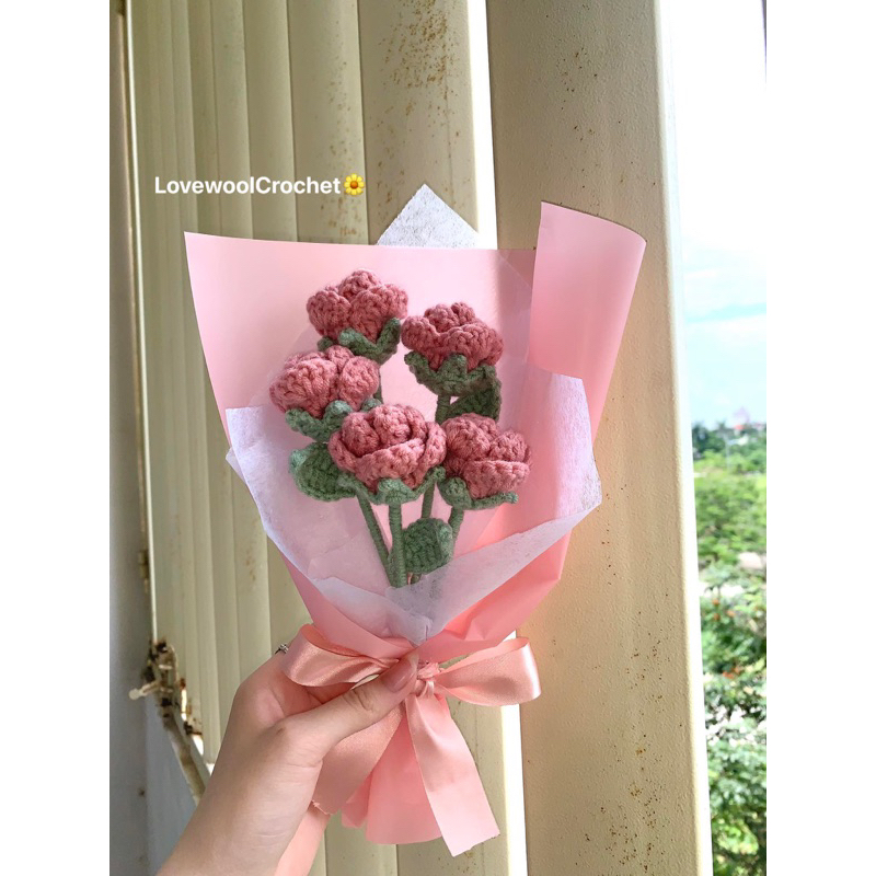 🌼Bó 5 bông hồng nhí bằng len HandMade (giấy gói hồng)