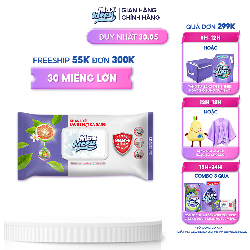 Khăn Ướt Lau Bề Mặt Đa Năng MaxKleen (30 miếng khăn lớn )