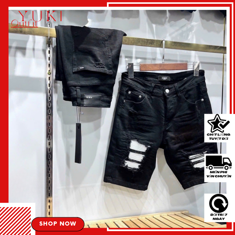 Quần short jean nam chất denim cao cấp đen rách bạ màu đẹp dày dặn co dãn nhẹ chuẩn form YUKI OUTFIT