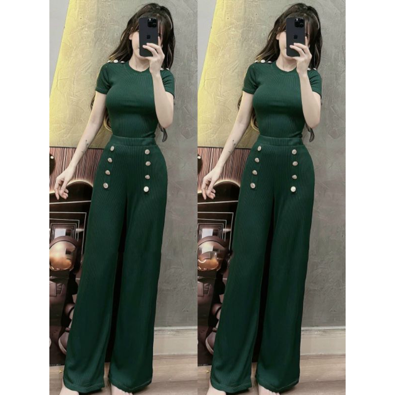 Sét bộ áo thun tay ngắn &amp; quần thun dài đóng nút siêu tôn dáng cực sang chảnh