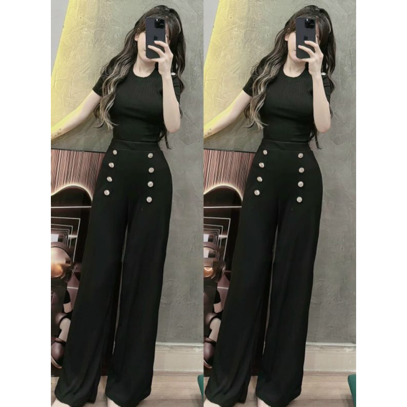 Sét bộ áo thun tay ngắn &amp; quần thun dài đóng nút siêu tôn dáng cực sang chảnh