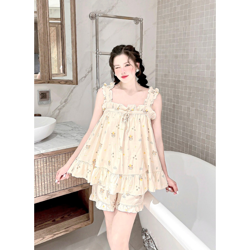 Bộ đồ ngủ nữ hai dây cánh tiên quần cộc chất đũi lạnh freesize 40-60kg - CHUN'S SLEEPWEAR