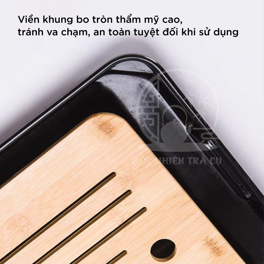 Khay trà tre, khay trà đạo phong cách Nhật Bản khay đựng ấm chén có khay hứng nước tiện lợi cao cấp