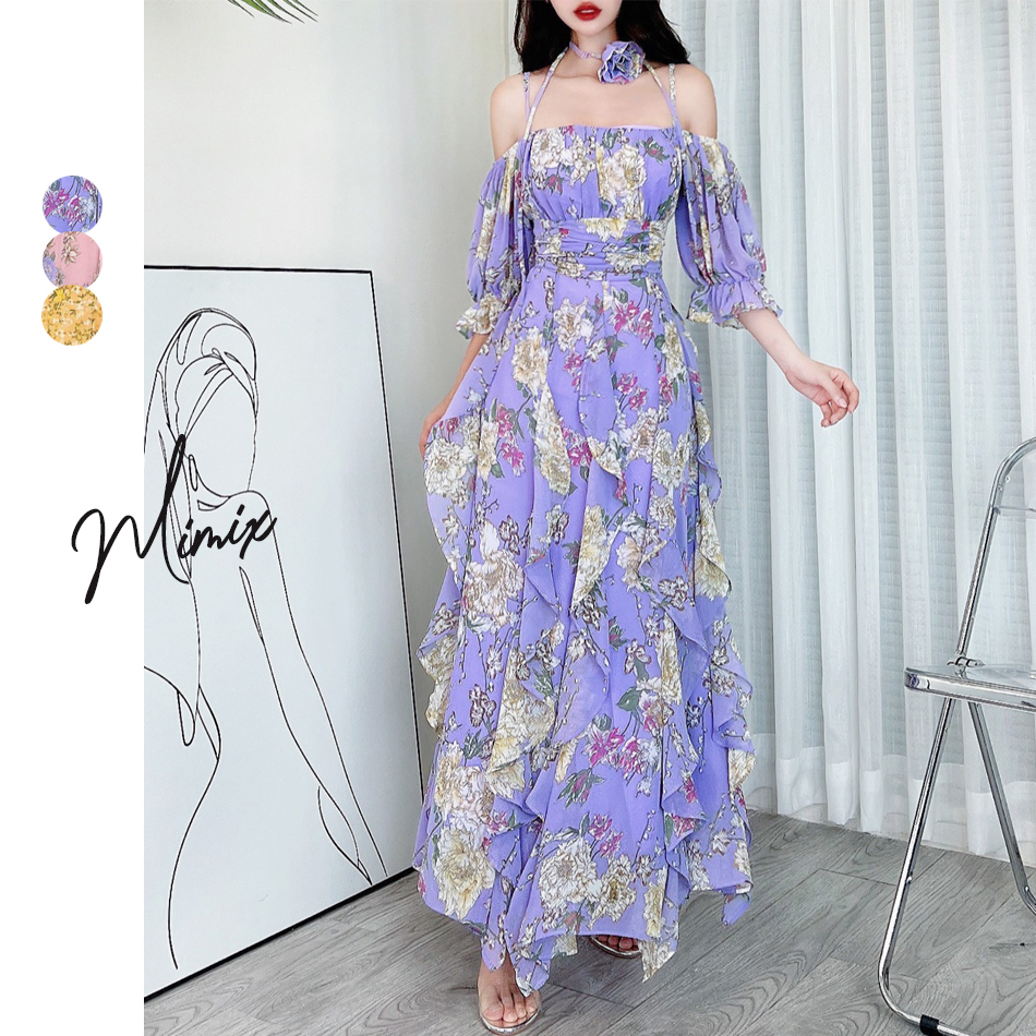 Đầm maxi hoa bèo trễ vai tặng kèm hoa MIMIX DA8230