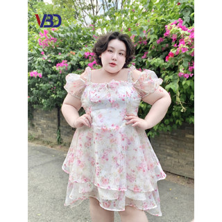 Đầm voan hoa bigsize cách điệu vai bigsize DA048 cho nàng béo từ 50 tới 90kg