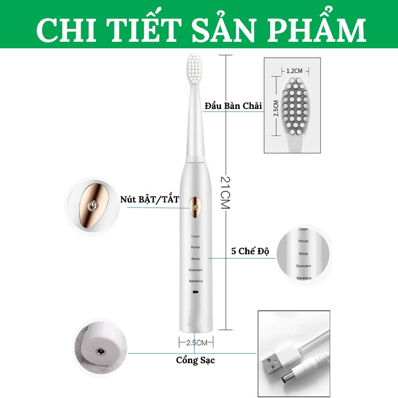 Bàn Chải Điện, Bàn Chải Đánh Răng Điện Tự Động 5 Chế Độ Thông Minh HOUSESHOP68 - Tặng Kèm 3 Đầu Thay Thế