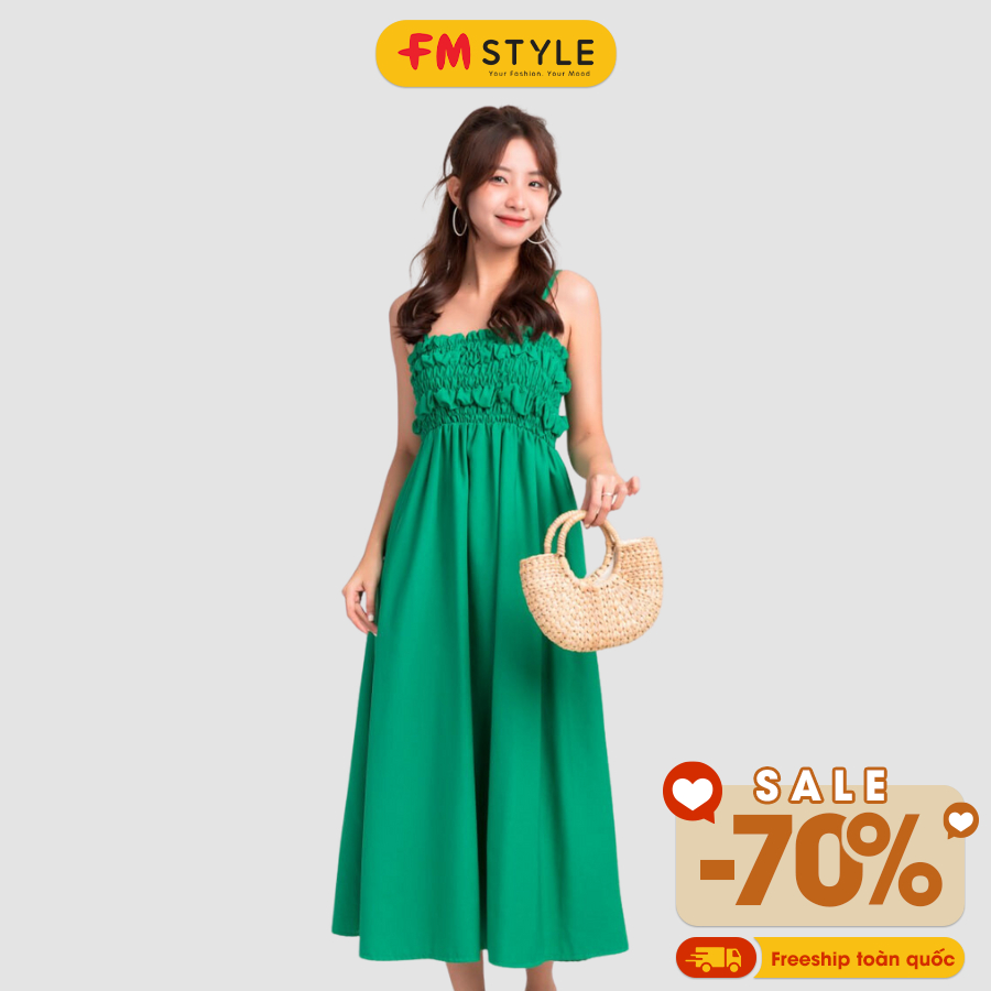 Váy Maxi hai dây Fmstyle dáng xòe nhún ngực nữ chất thô maxi mặc đi biển siêu xinh 23031429
