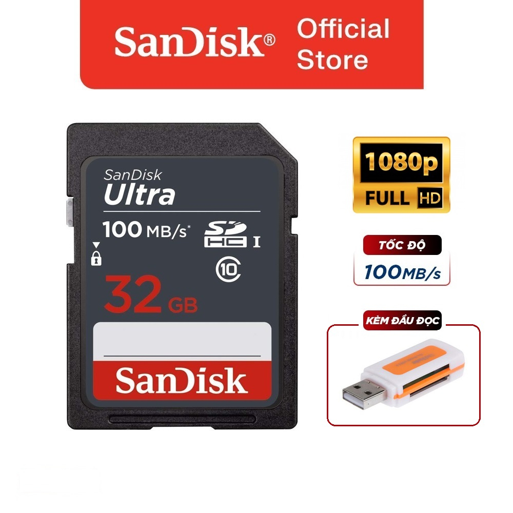 Thẻ nhớ SD Sandisk Ultra GN3 32GB 100MB/s UHS-I (cho máy ảnh) kèm đầu đọc thẻ đa năng 2.0