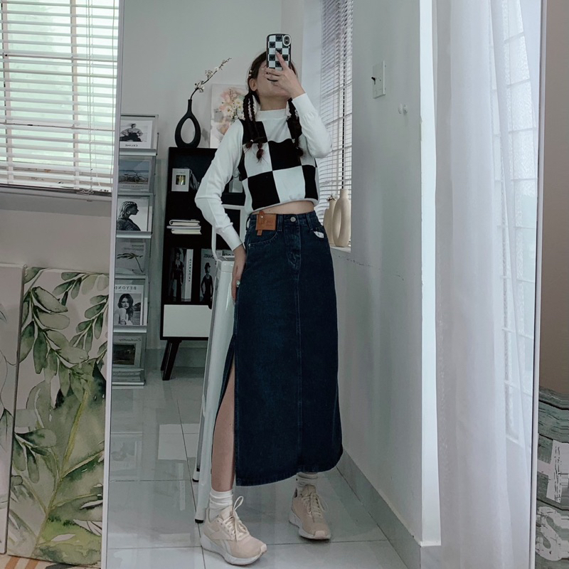 Chân váy jeans dài chữ a xẻ tà một bên style hàn quốc
