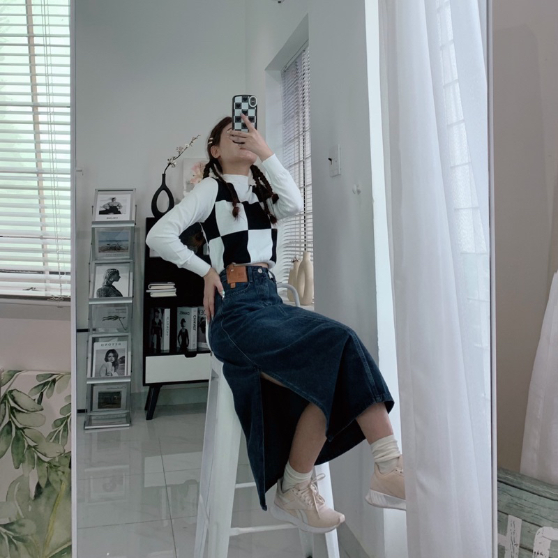 Chân váy jeans dài chữ a xẻ tà một bên style hàn quốc