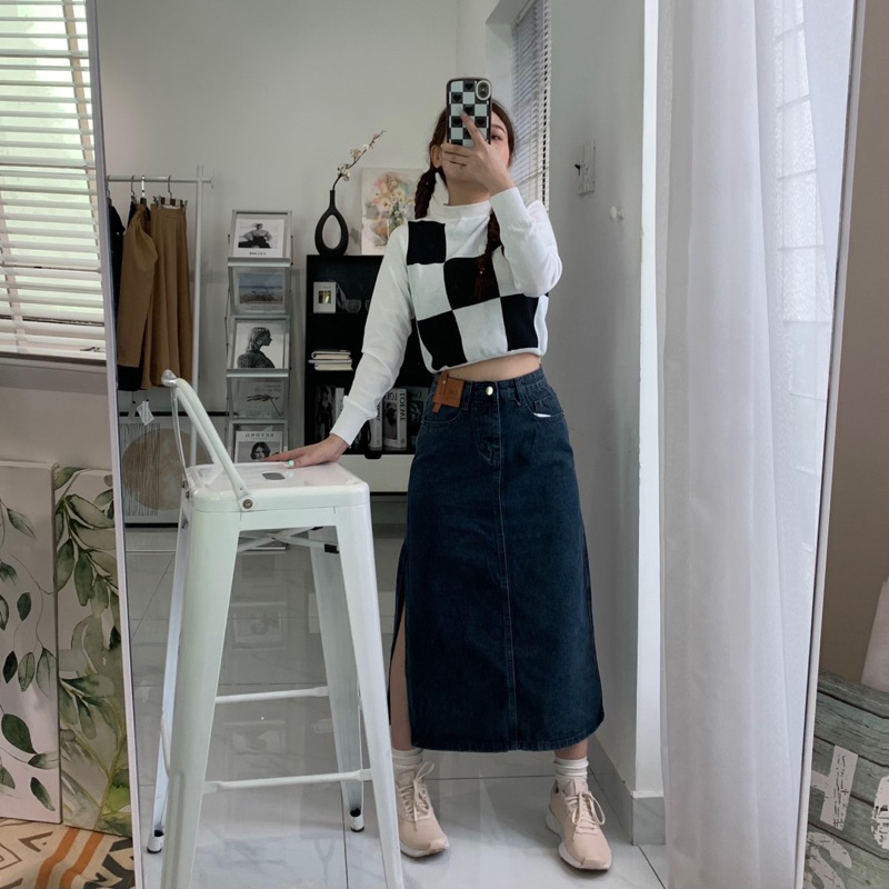 Chân váy jeans dài chữ a xẻ tà một bên style hàn quốc