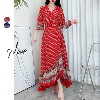Đầm maxi đắp chéo tay dài viền thổ cẩm MIMIX DA7225