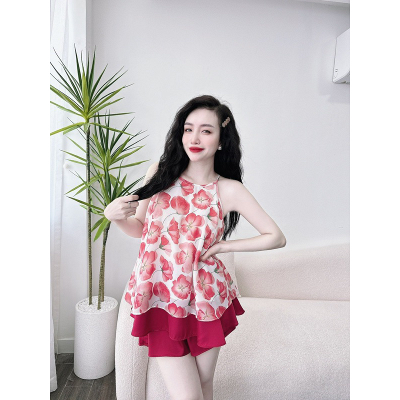Đồ Bộ Nữ < 65kg, Bộ Mặc Nhà Nữ 2 dây kiểu yếm, áo voan tơ phối latin