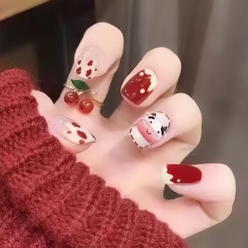 Móng tay giả đính đá kèm keo, Móng giả ngắn vuông đính nơ, Bộ móng giả ngắn đơn giản đi học, Nailbox, Nail xinh