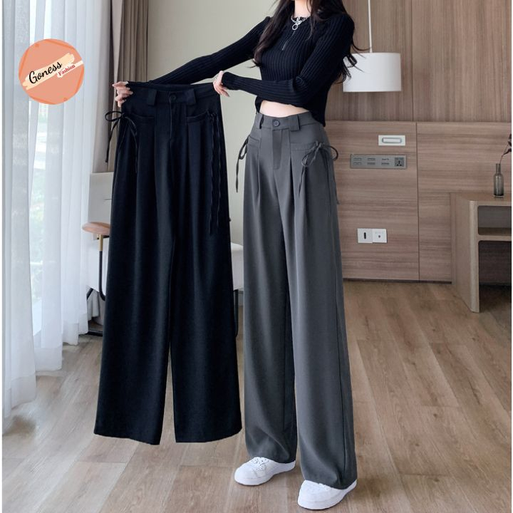 Quần nữ ống rộng suông dài Goness thiết kế cạp cao buộc nơ hai bên nhiều màu dáng culottes xuông vải Ruby cao cấp