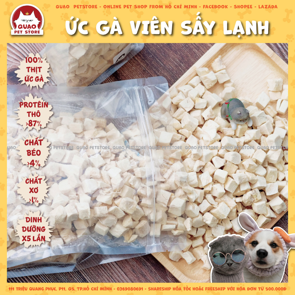 Ức gà viên sấy lạnh ăn liền, 100-500gr - thức ăn sấy lạnh đông khô dành cho chó mèo, không bao gồm túi hút ẩm