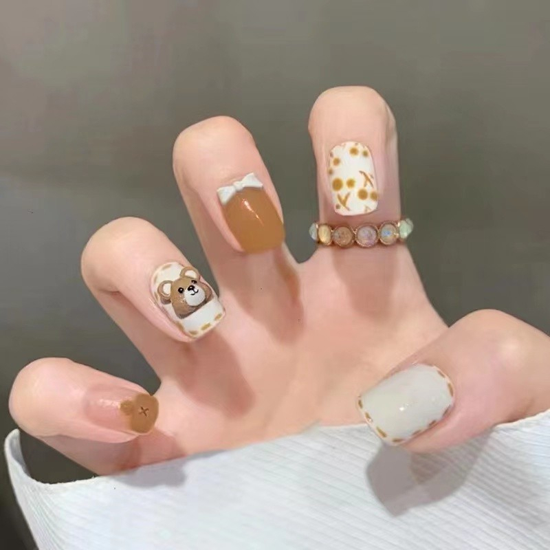 Móng tay giả đính đá kèm keo, Móng giả ngắn vuông đính nơ, Bộ móng giả ngắn đơn giản đi học, Nailbox, Nail xinh