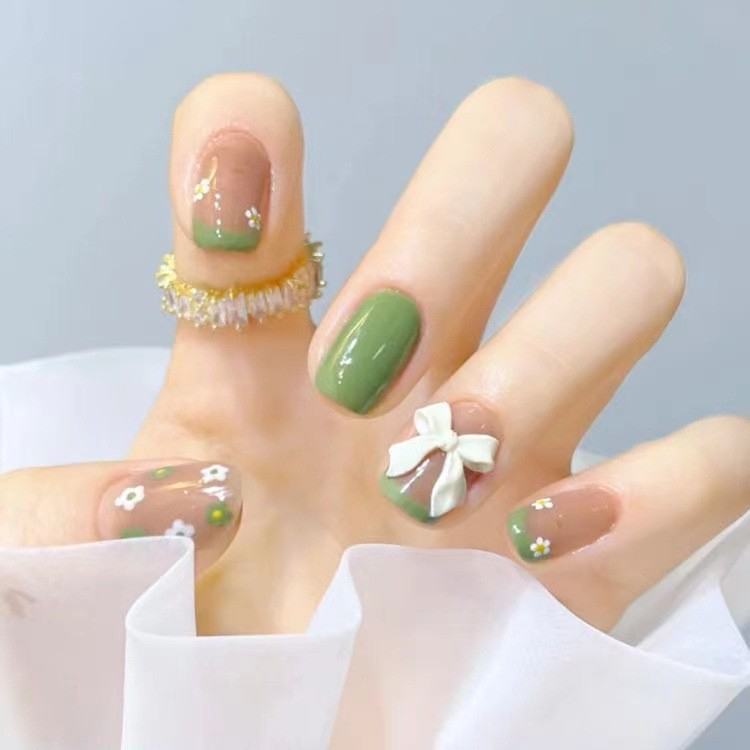 Móng tay giả đính đá kèm keo, Móng giả ngắn vuông đính nơ, Bộ móng giả ngắn đơn giản đi học, Nailbox, Nail xinh