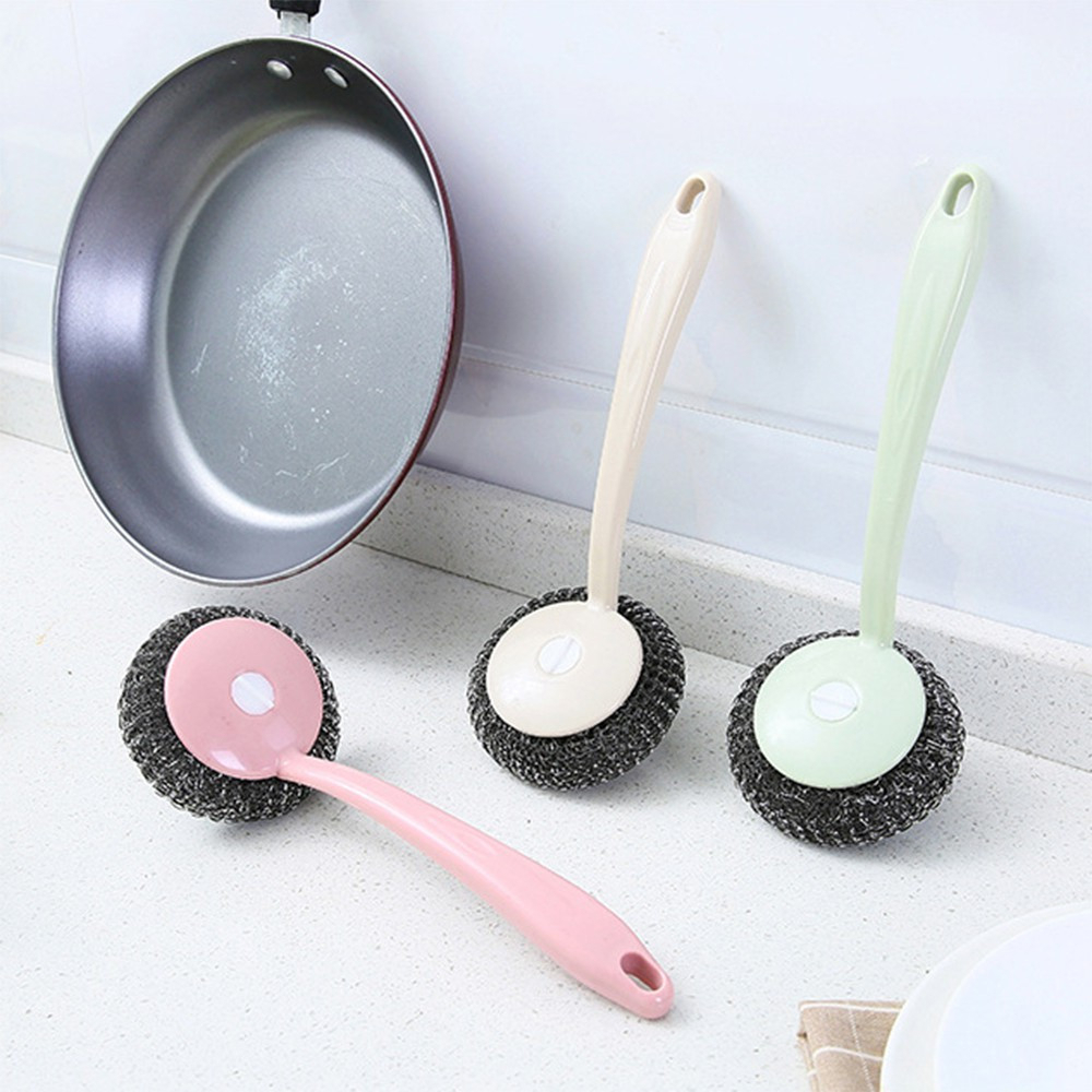 Cọ Rửa Đa Năng - Chà xoong nồi BÚI SẮT KHÔNG RỈ tay cầm cán dài sạch sẽ tiện lợi - cọ bếp, cọ rửa bát đĩa , cước chùi nồ