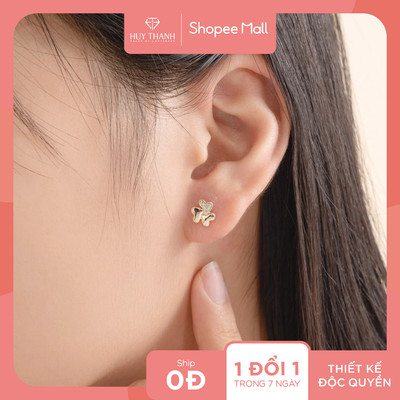 Bông Tai Nữ Vàng 14K BT409 Thiết Kế Họa Tiết Hình Cỏ Ba Lá May Mắn Đính Đá CZ Huy Thanh Jewelry