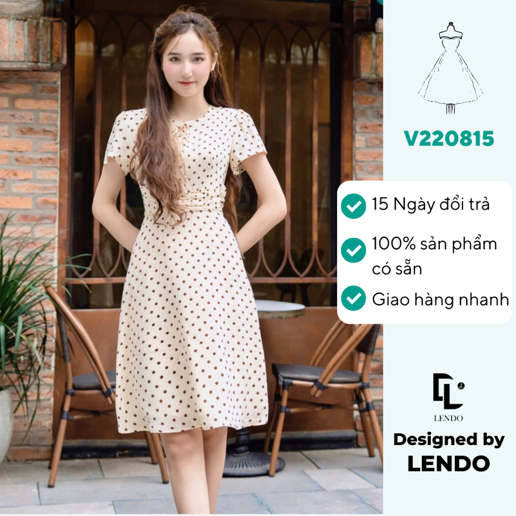 Đầm công sở chấm bi dáng A dài LENDO chất liệu lụa họa tiết che khuyết điểm cực tốt V220815