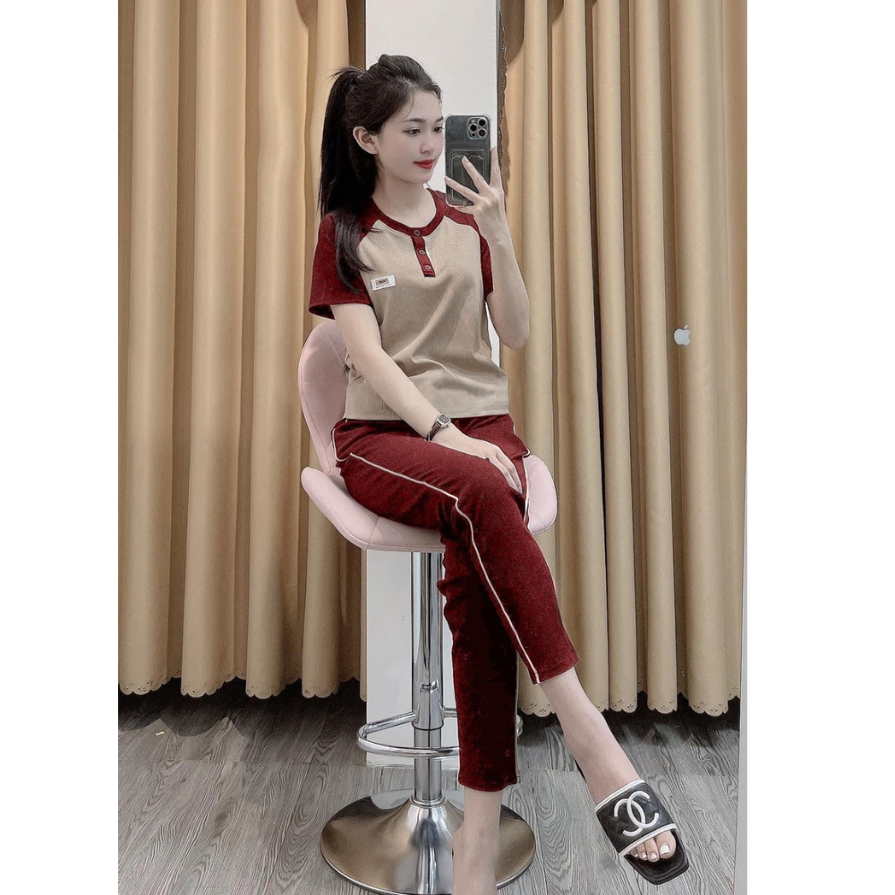 Bộ thun tăm áo cộc quần dài free size siêu mát hàng Quảng Châu , đồ bộ nữ mặc nhà chắt tăm lạnh mềm mát