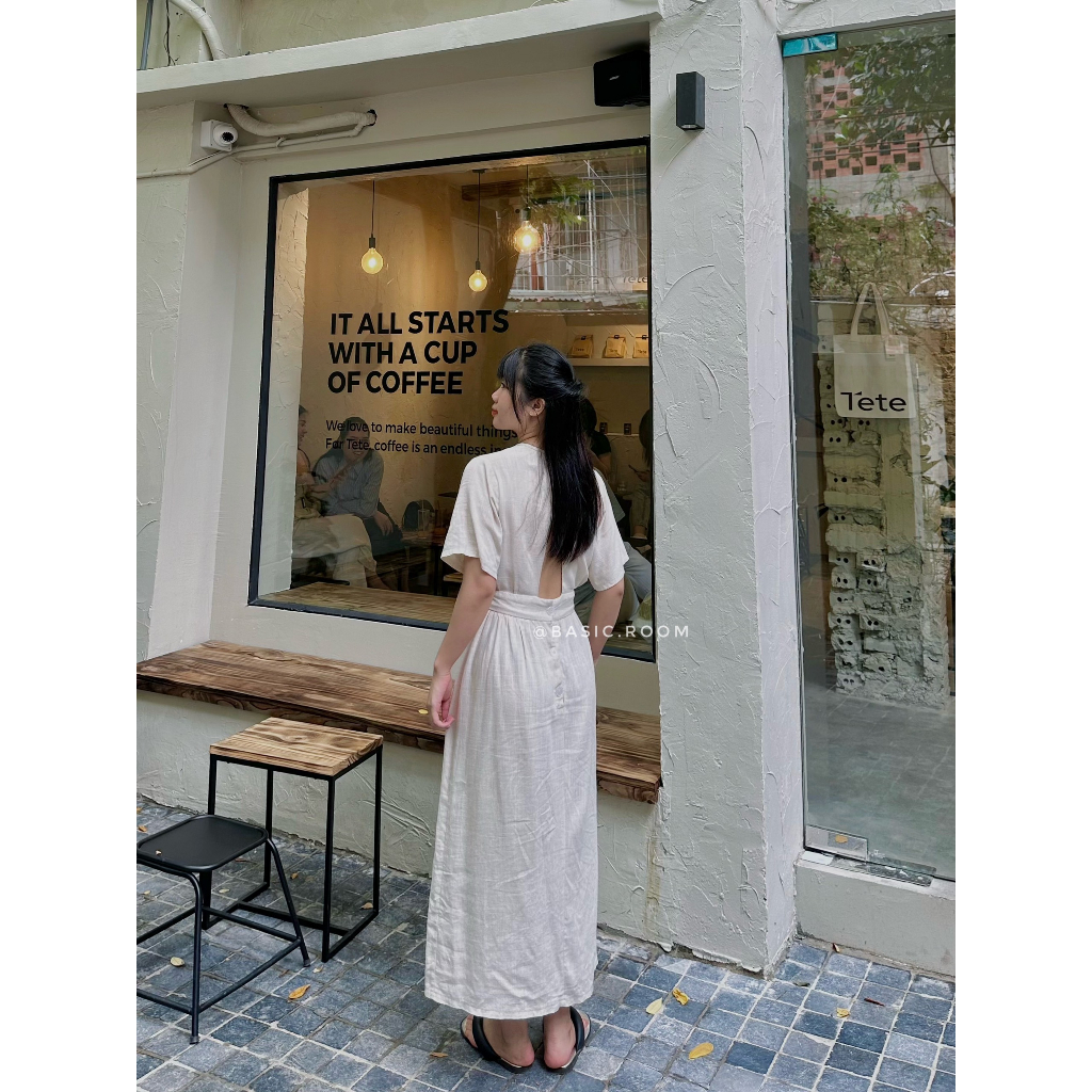 Đầm dài hở lưng gài nút Hàn, Đầm linen hở lưng - Váy maxi đi biển by Basic room