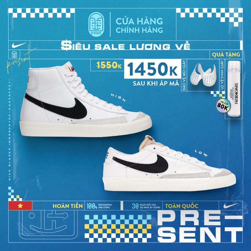 Giày Nike Blazer chính hãng cổ cao cổ thấp cho nam nữ, Nike Blazer 77 Mid Low Real fullbox Present Original Sneakers