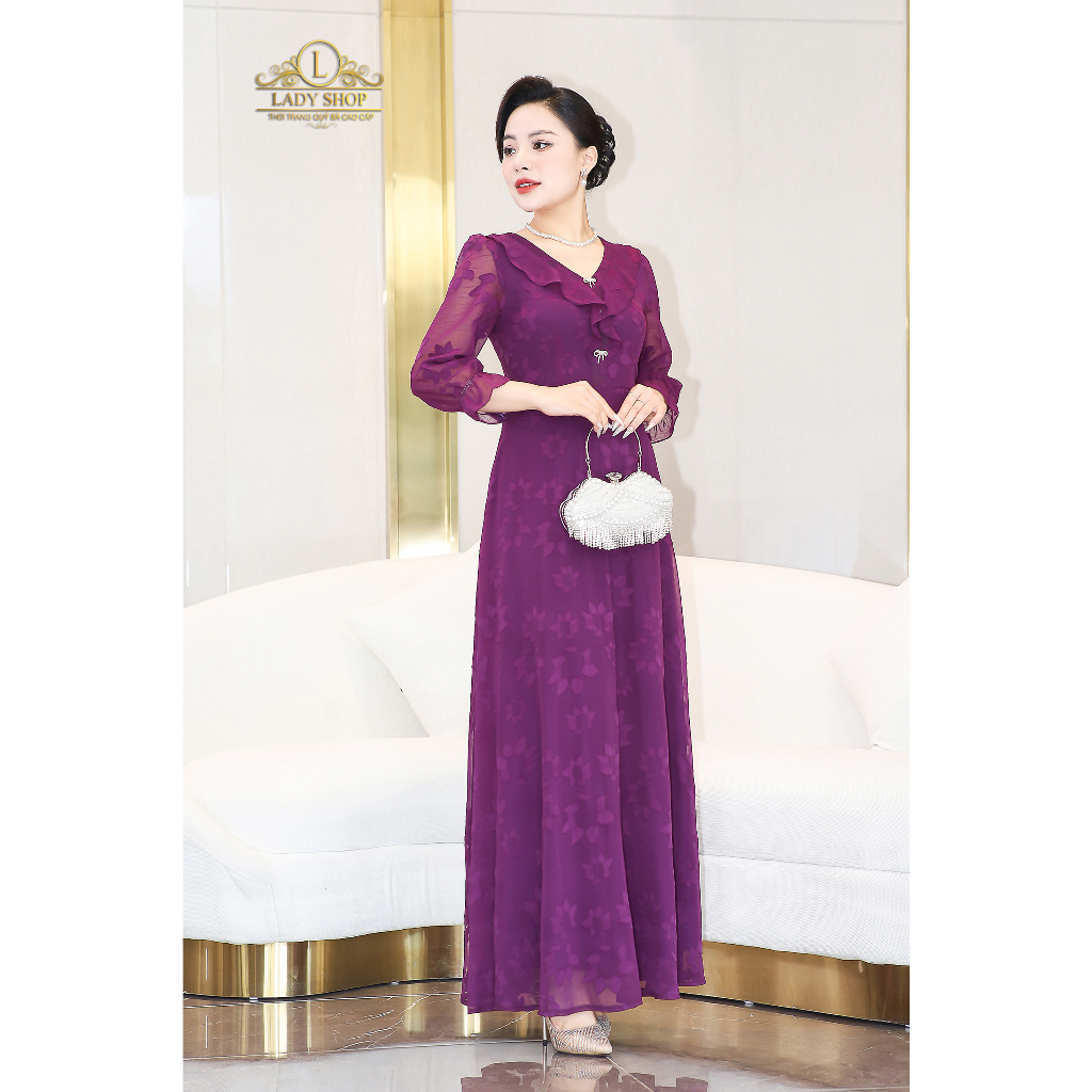 Đầm voan hoa nổi cổ bèo Ladyshop thời trang trung niên cao cấp T146