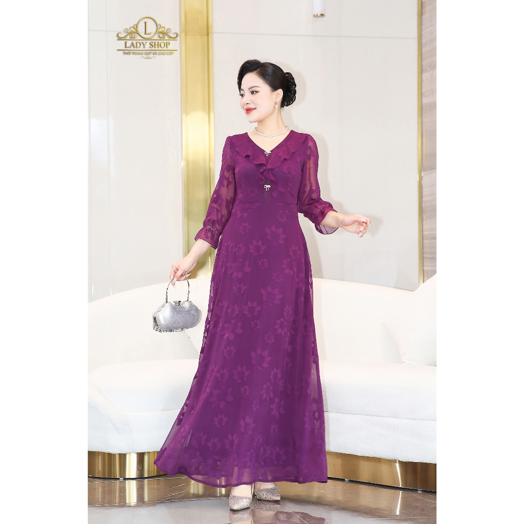 Đầm voan hoa nổi cổ bèo Ladyshop thời trang trung niên cao cấp T146