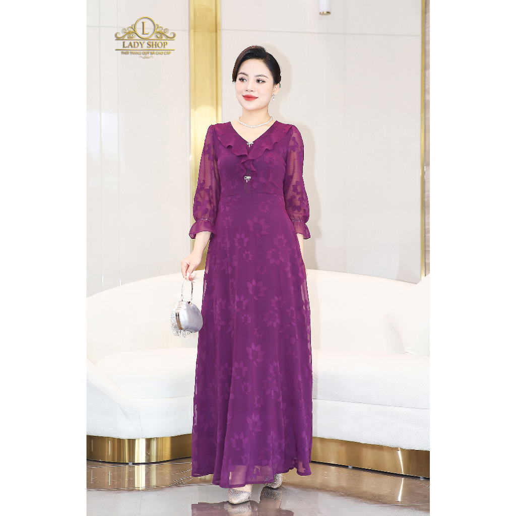 Đầm voan hoa nổi cổ bèo Ladyshop thời trang trung niên cao cấp T146