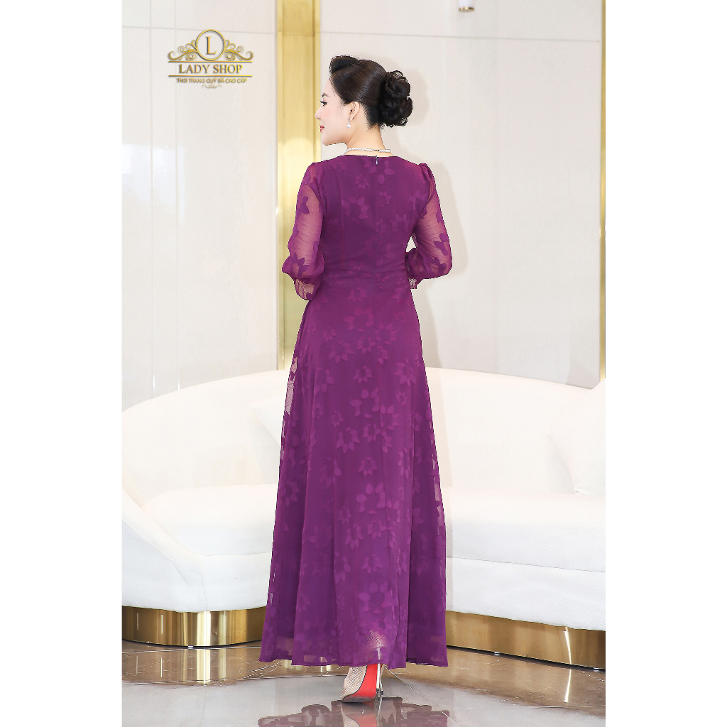 Đầm voan hoa nổi cổ bèo Ladyshop thời trang trung niên cao cấp T146