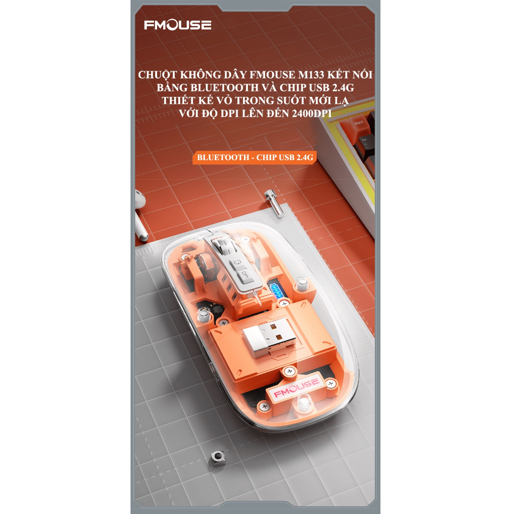 Chuột không dây FMOUSE M133 kết nối Bluetooth và USB 2.4G thiết kế trong suốt độc lạ - HT