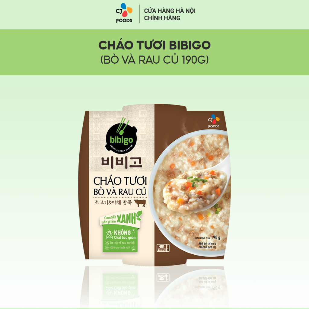 Cháo tươi ăn liền Bibigo 190g (Vị Gà & Rau Củ/Vị Bò & Rau Củ)