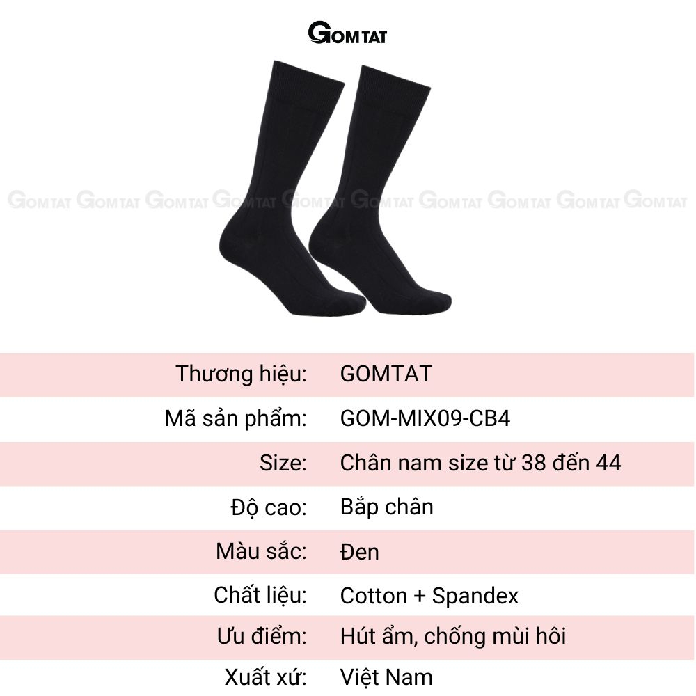 Hộp 4 đôi tất nam cao cổ GOMTAT mẫu gân chìm màu đen, chất liệu cotton thoáng mát, êm chân  -GOM-MIX09-DEN-CB4