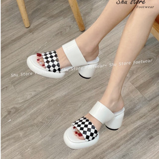 Shu Store | Giày cao gót nữ 2 quai ngang mãnh sọc caro phong cách trẻ trung năng động