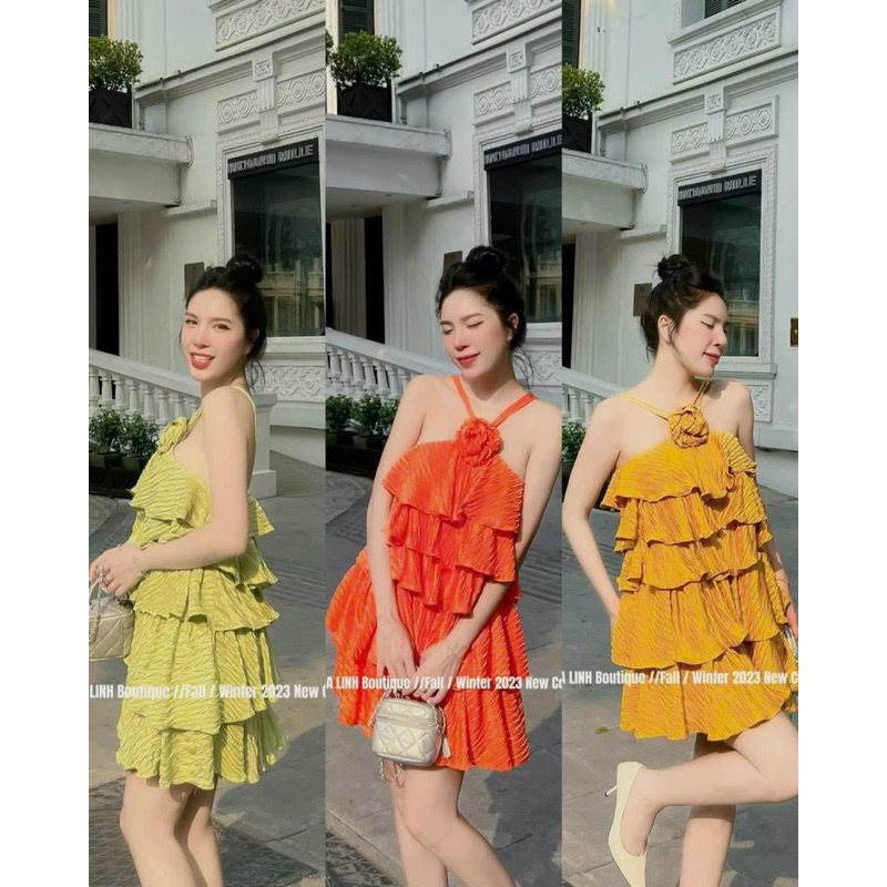 ĐẦM CỔ YẾM ĐÍNH HOA XẾP TẦNG DÁNG SUÔNG NGẮN